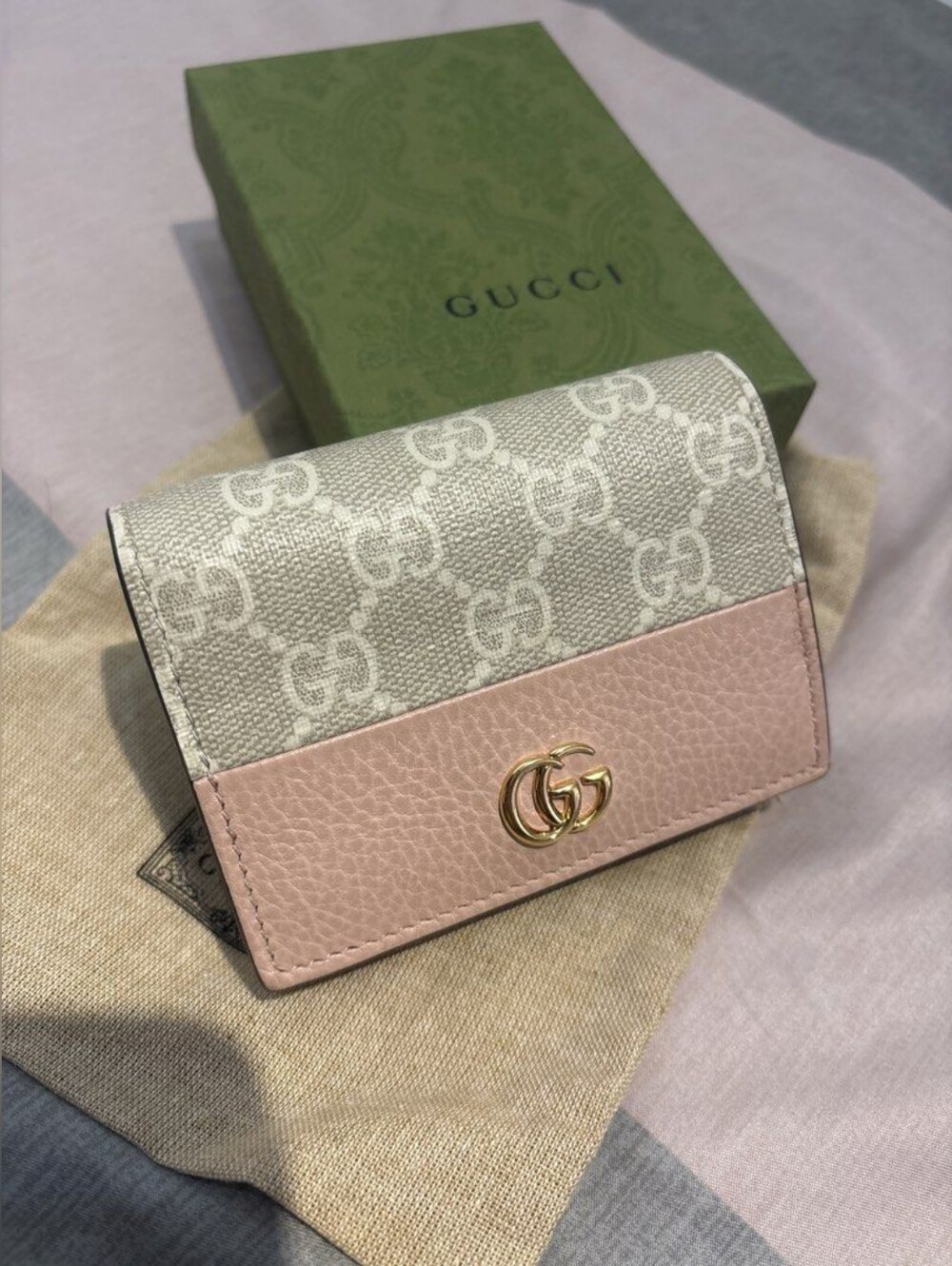 Gucci Beige GG Canvas and Pink Leather Mini Wallet with Gold Double G